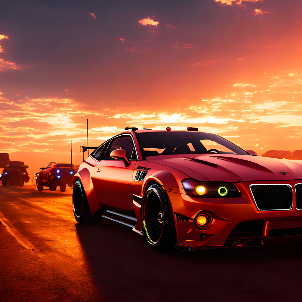Custom red sports car with body kit drives on desert road at sunset