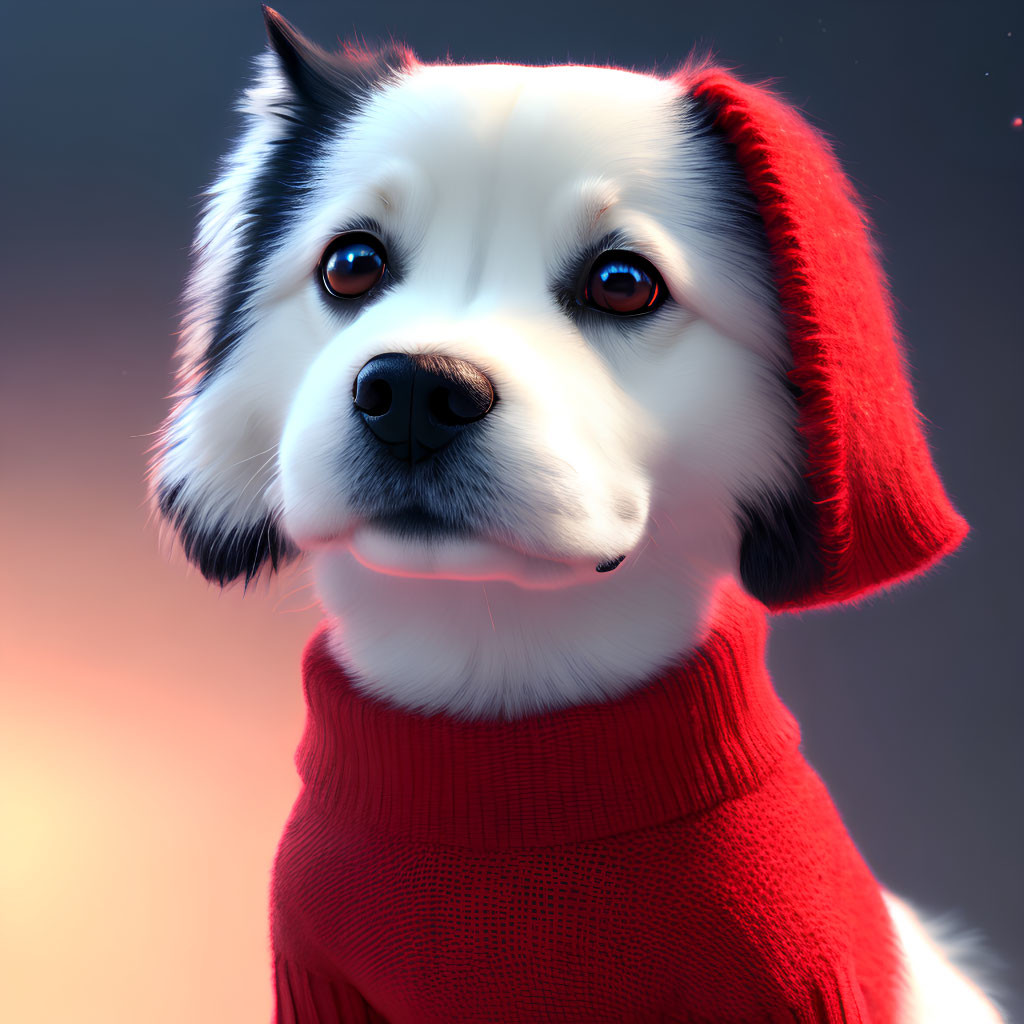 Stylized black and white dog in red beanie and sweater on soft background