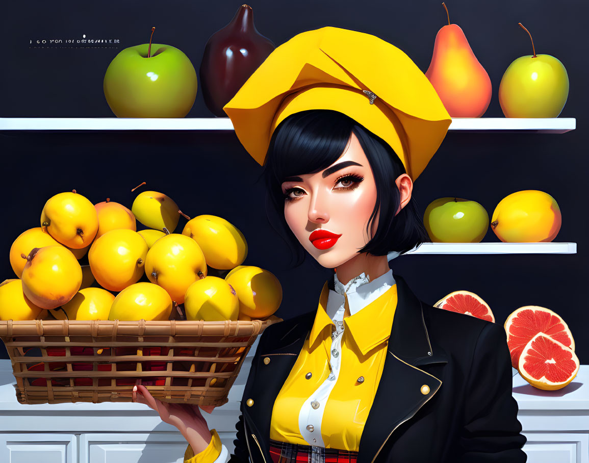 Stylized illustration of a woman with lemons and fruit shelves