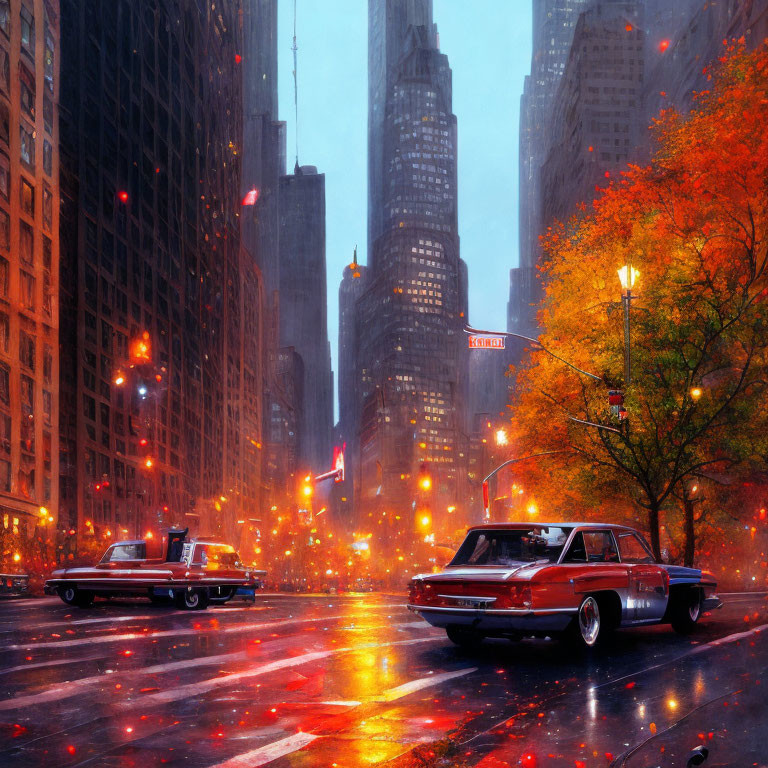 Rainy Evening City Street with Vintage Cars and Glowing Streetlights