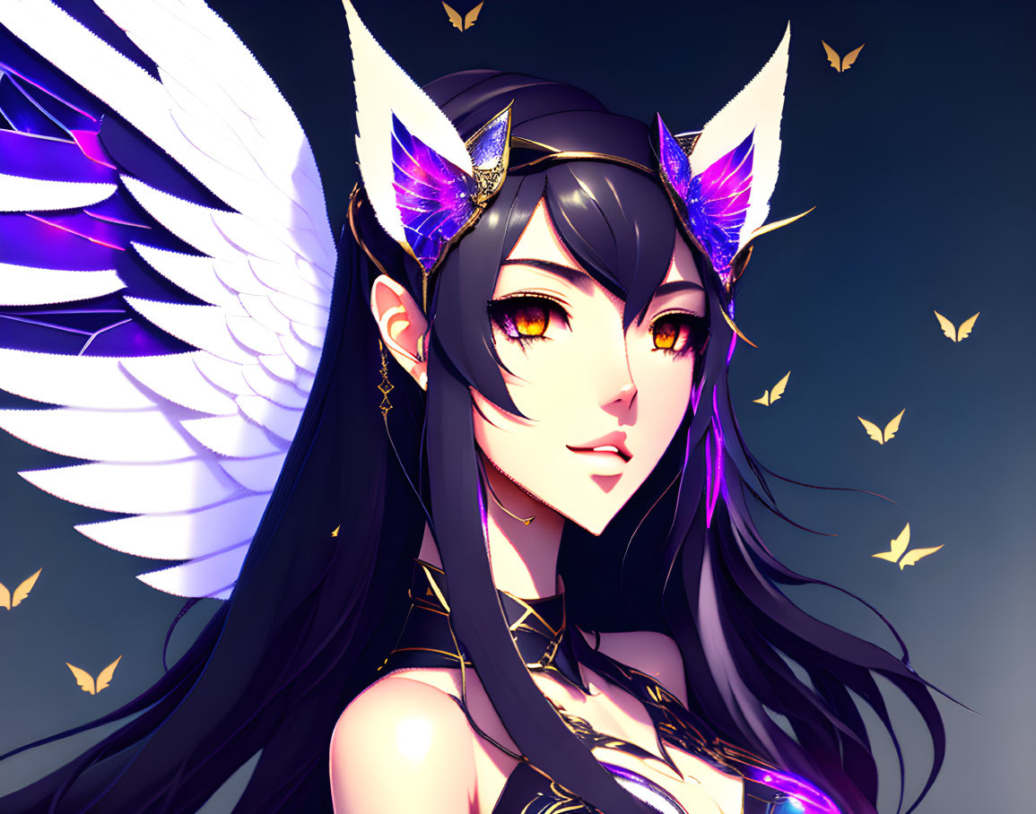 Illustration of woman with dark hair, yellow eyes, white wings, golden butterfly earrings, and ti