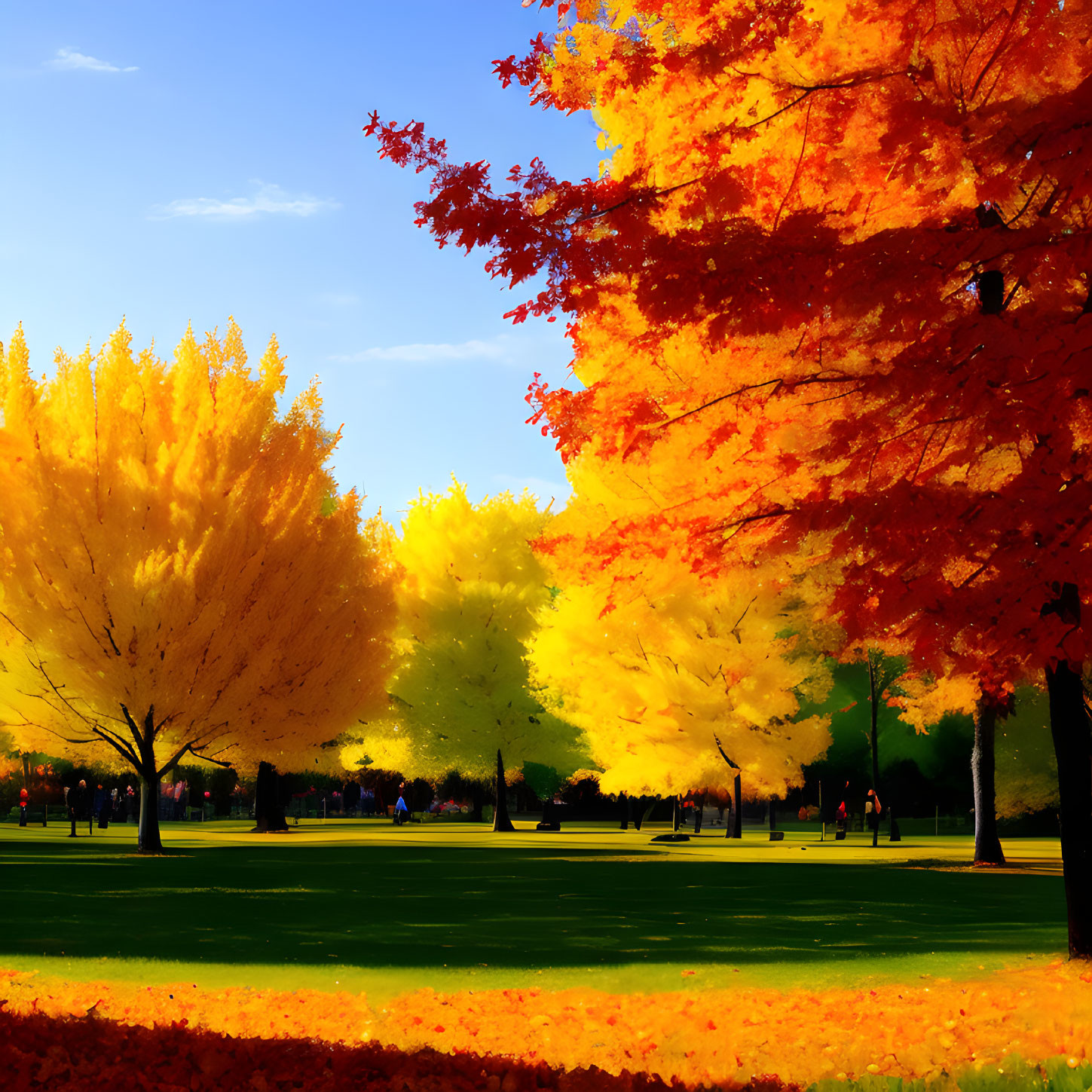 Park trees display vibrant autumn foliage gradient from green to deep red under clear blue sky