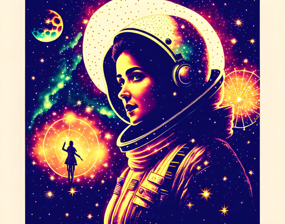 Colorful astronaut artwork with cosmic elements and deep space background