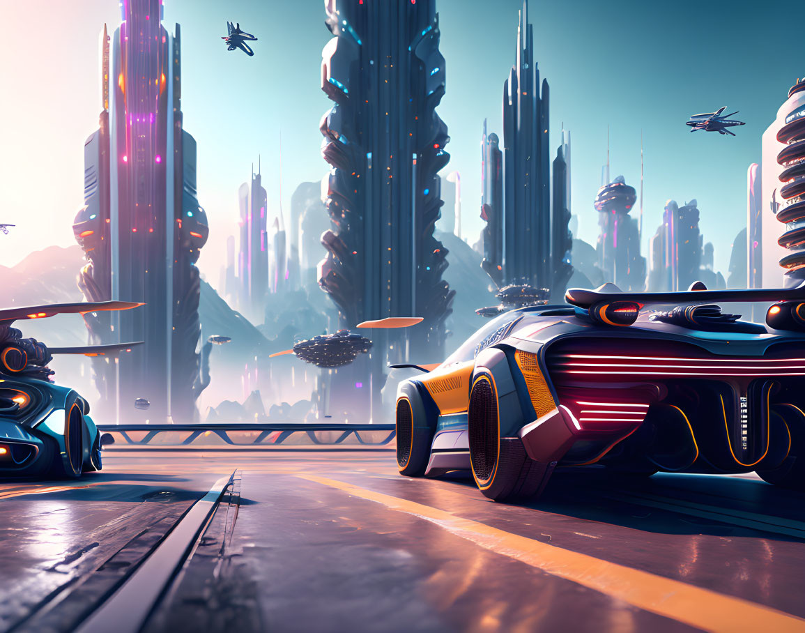 Futuristic cityscape with flying vehicles and sleek cars against skyscrapers