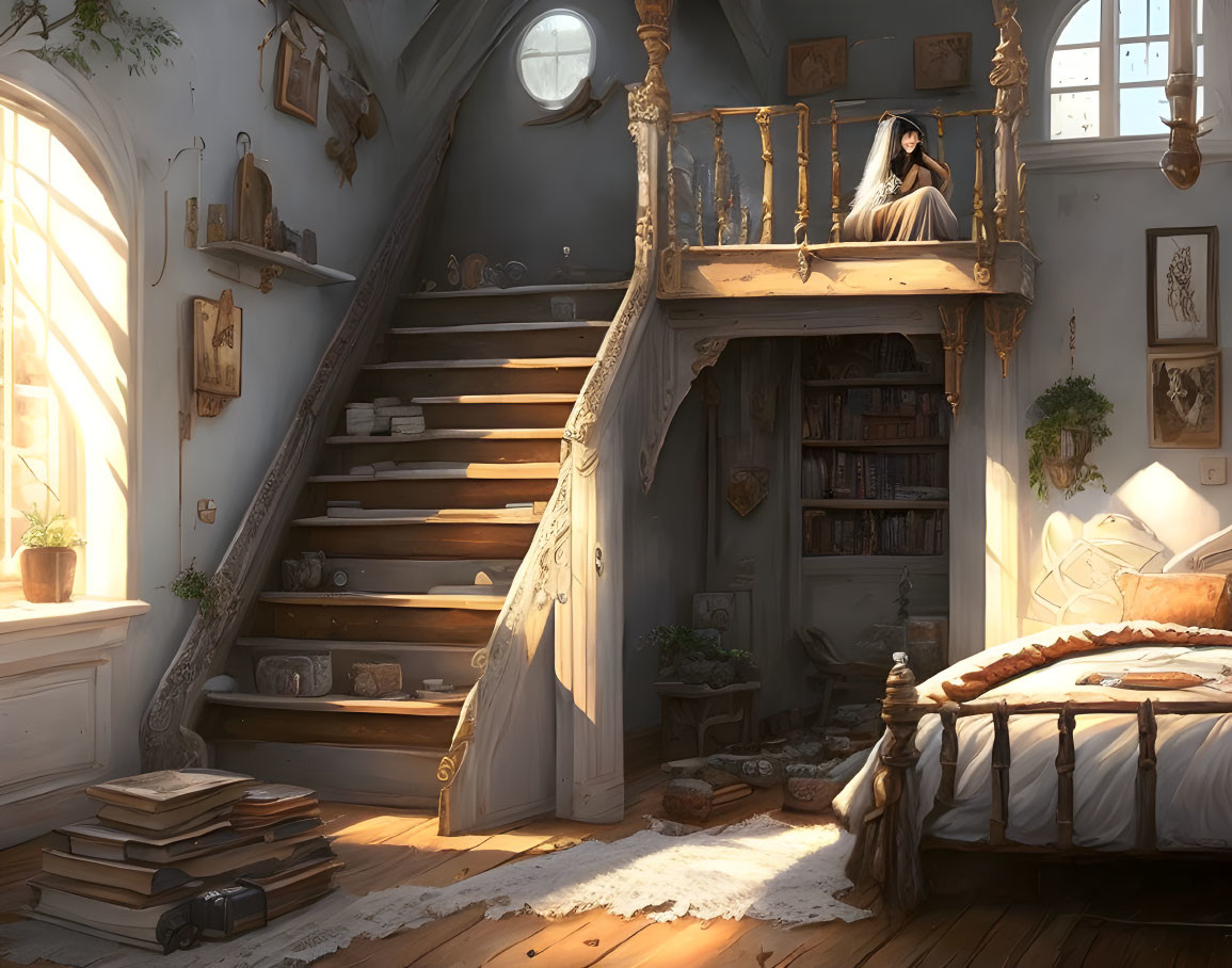 Sunlit room with wooden staircase, balcony, person in cloak, books, plants, vintage furniture