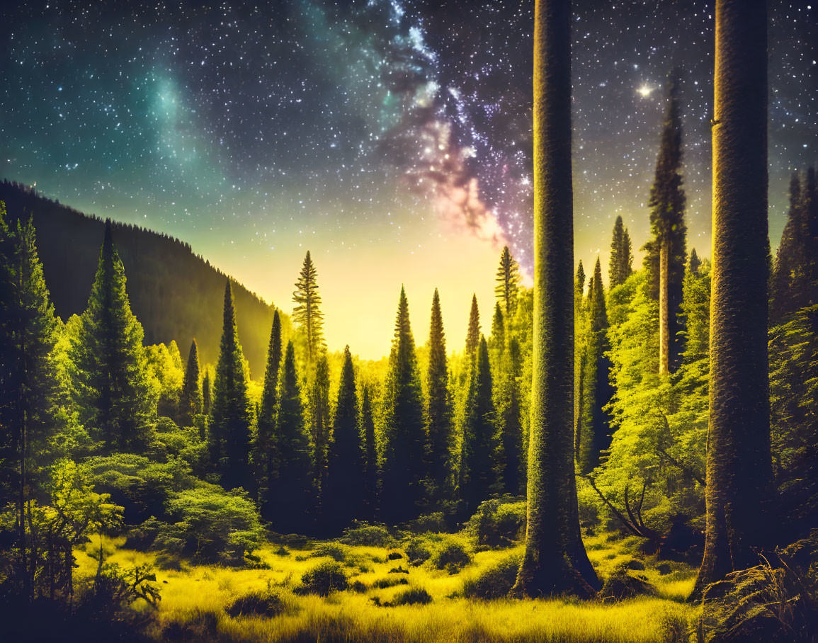 Tranquil night forest: tall evergreen trees, starry sky, Milky Way, softly lit