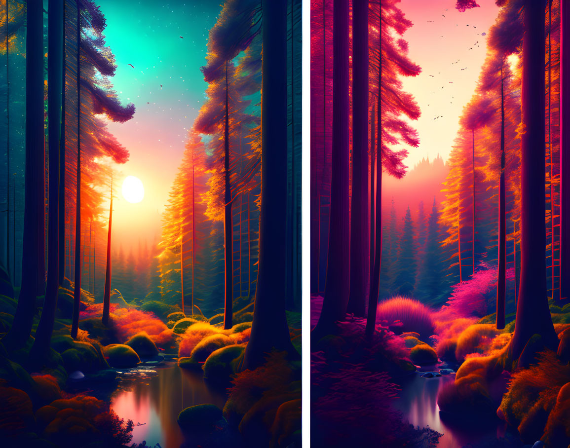 Lush forest scene with stream and colorful sky transition