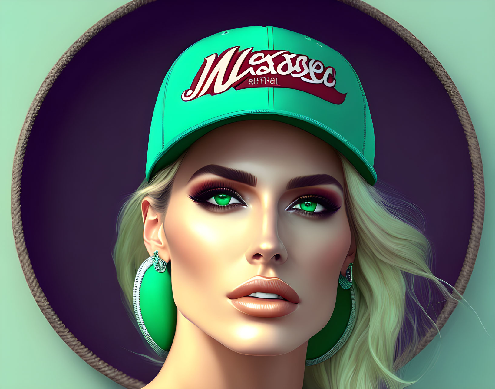 Portrait of a woman with green eyes, hoop earrings, teal cap.