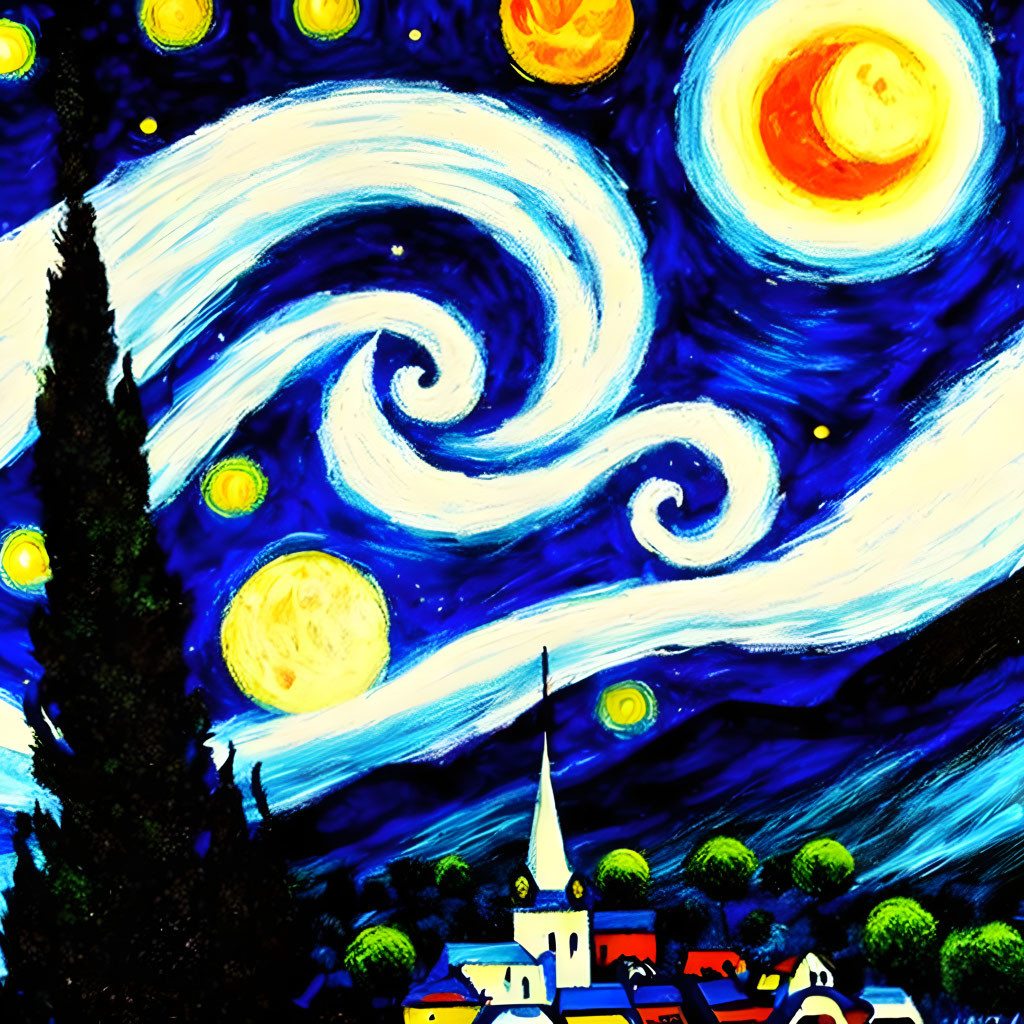 Colorful painting of swirling night sky with stars and crescent moon over small town