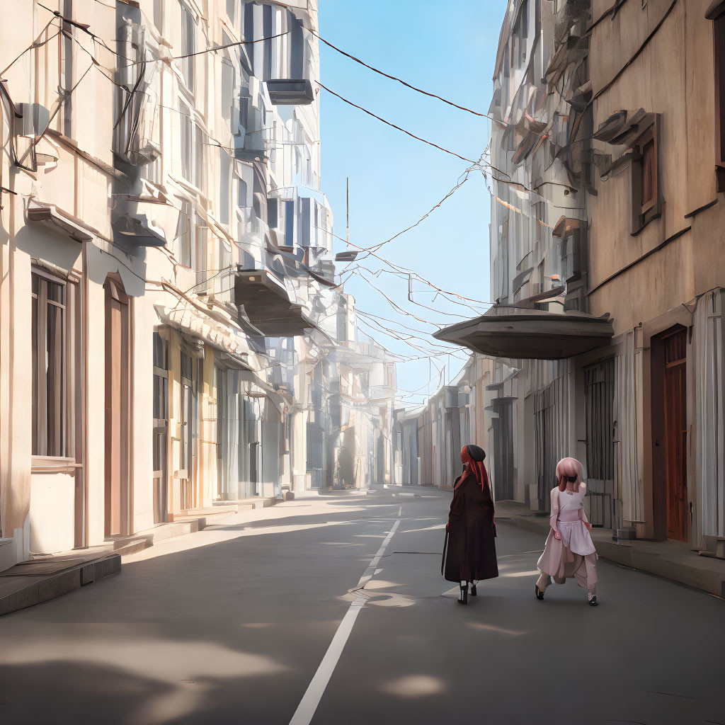 Urban alley with sunlit facades and crisscrossing wires - Serene stroll captured.