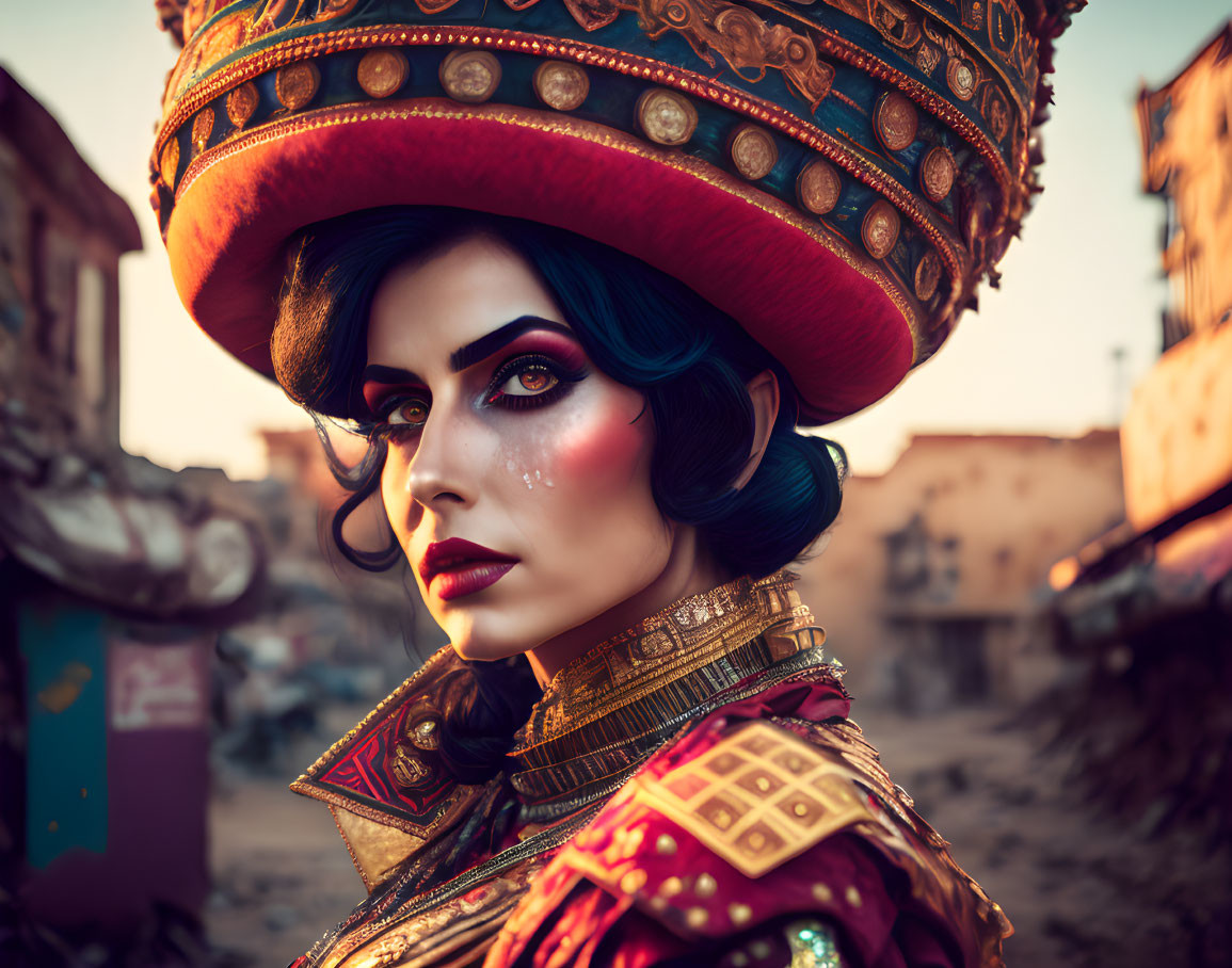 Ornately dressed woman with dramatic makeup and headdress gazes intently