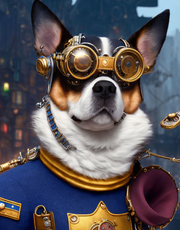 Steampunk-themed dog in blue jacket with gold accents