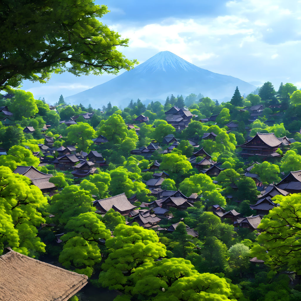 Traditional village with Mount Fuji and lush greenery