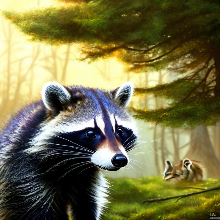 Detailed forest scene: raccoon and ducks in golden sunlight