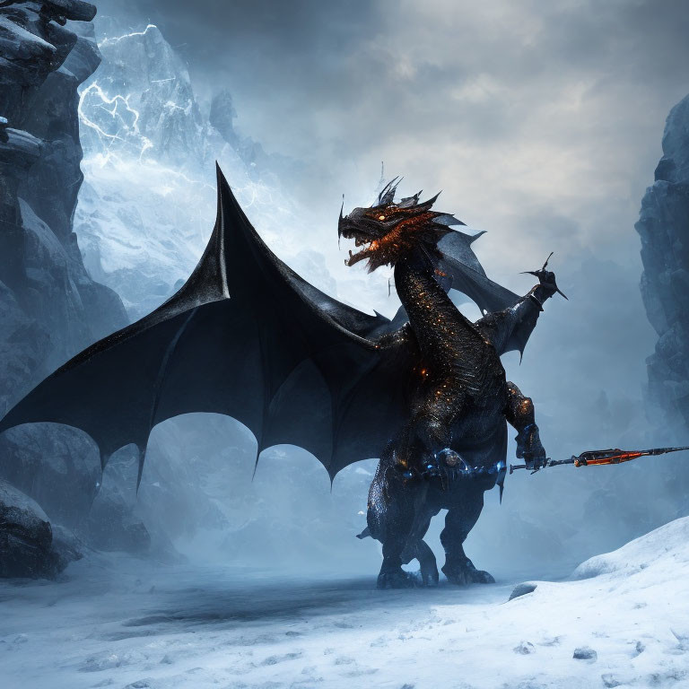 Majestic dragon with fiery eyes in icy landscape