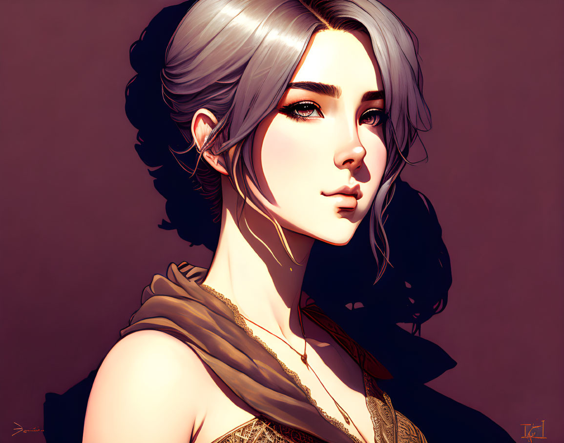 Detailed illustration of woman with silver hair, earring, golden necklace, bronze shawl, dark blouse