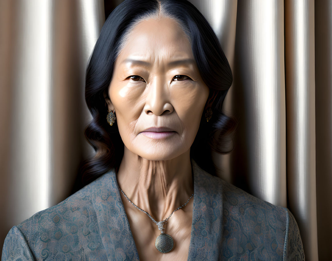 Elderly Asian woman in blue traditional dress with long gray hair and jewelry.