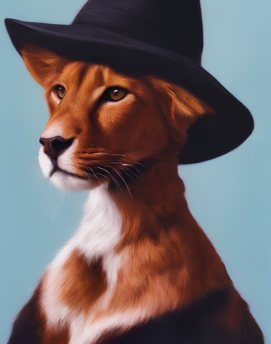 Stylized fox with human-like features in black hat on teal background