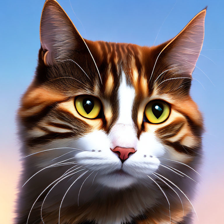 Detailed digital illustration of a brown and white cat with yellow eyes on blue background