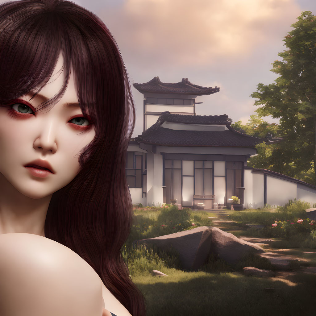 Woman with Red Eyes and Dark Hair in Front of Asian Building and Greenery