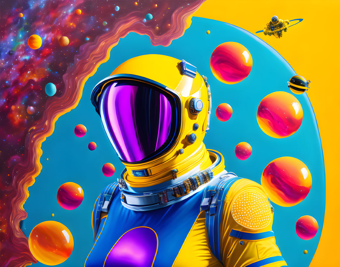 Colorful Spacesuit Astronaut in Surreal Cosmic Scene