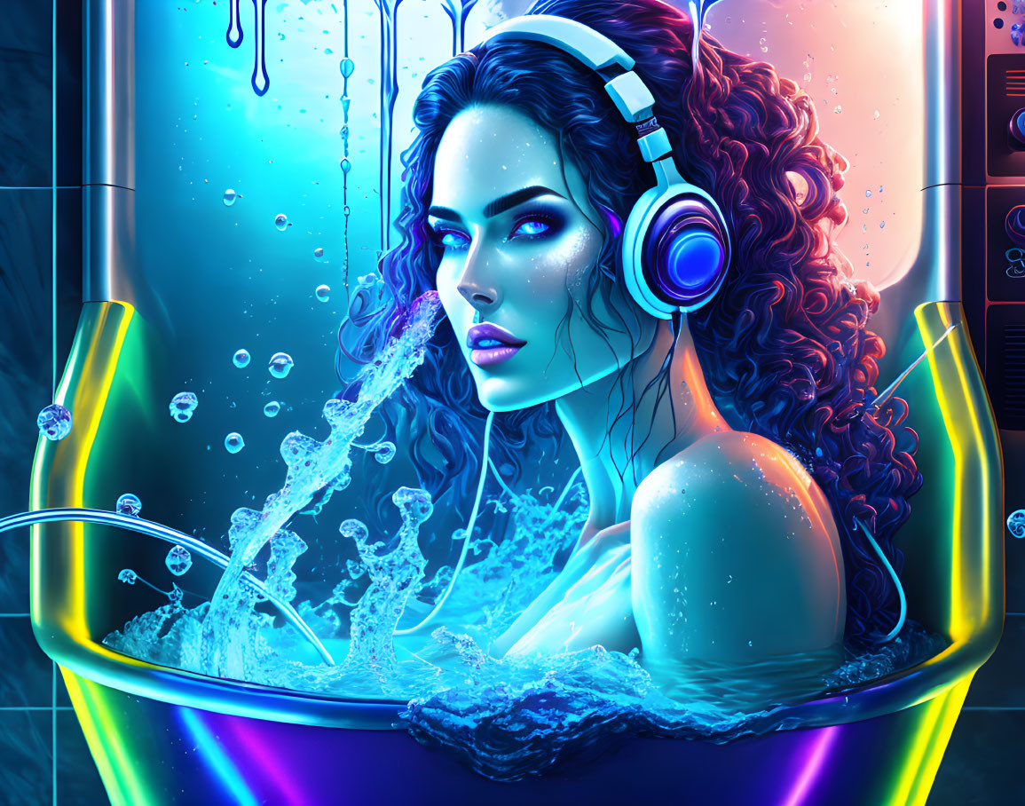 Digital artwork of woman in neon-lit bathtub with headphones