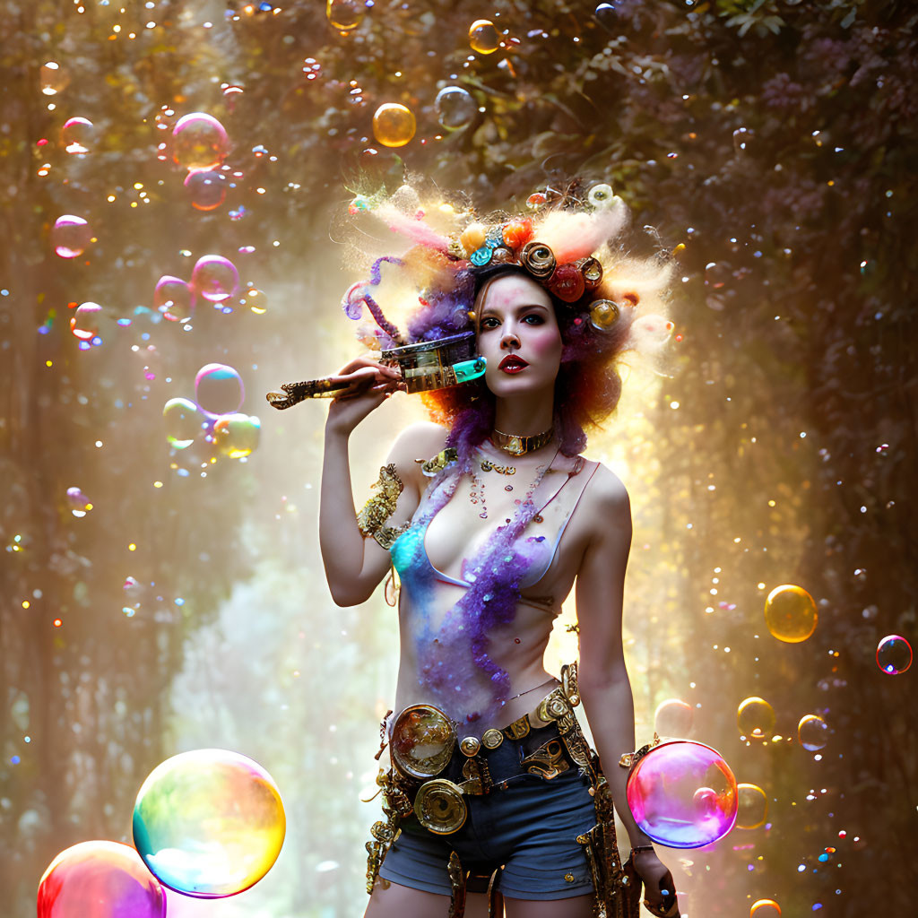 Colorful Hair Woman in Elaborate Costume with Fantasy Forest Background