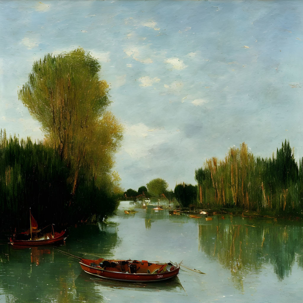 Calm River Scene with Moored Boats and Lush Green Trees