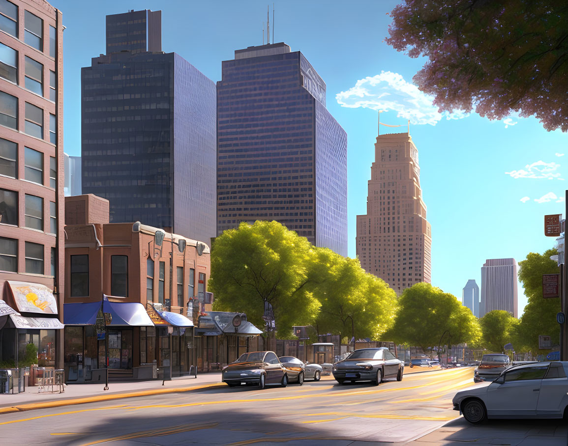 City street with modern and classic architecture, cars, trees, and blue sky.