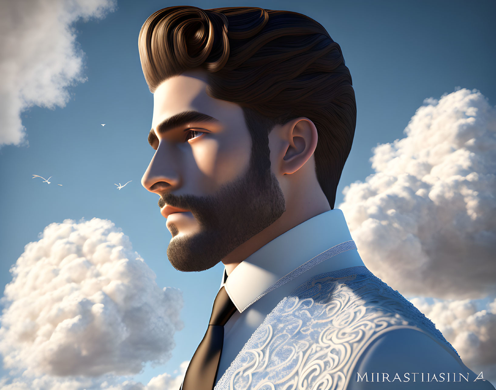 Detailed 3D illustration of man with stylized beard and voluminous hair in ornate blue jacket