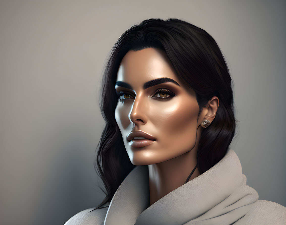 Woman with Dark Hair in White Turtleneck and Winged Eyeliner