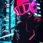 Futuristic helmet with neon lights in cyberpunk cityscape