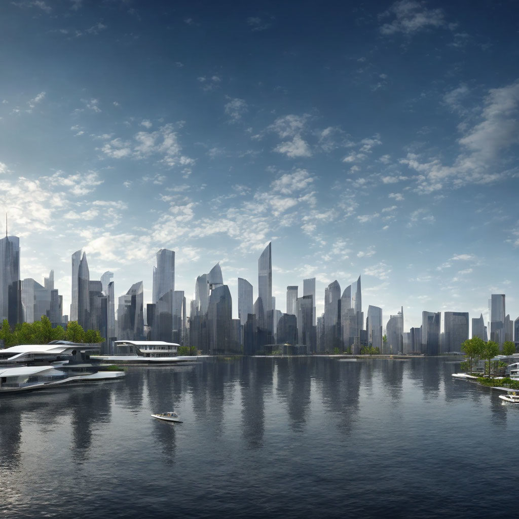 Futuristic cityscape with sleek skyscrapers reflected in calm water