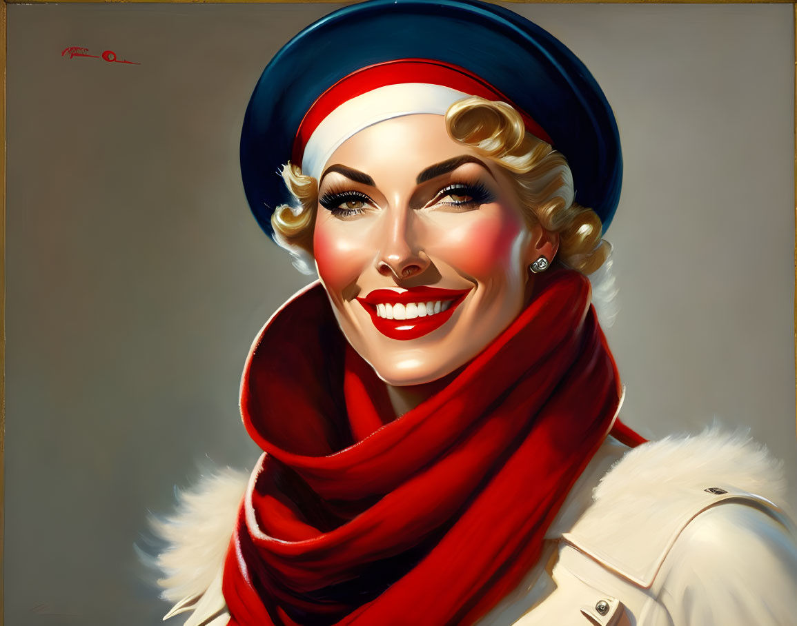 Smiling woman portrait in vintage style with wavy hair and red accessories