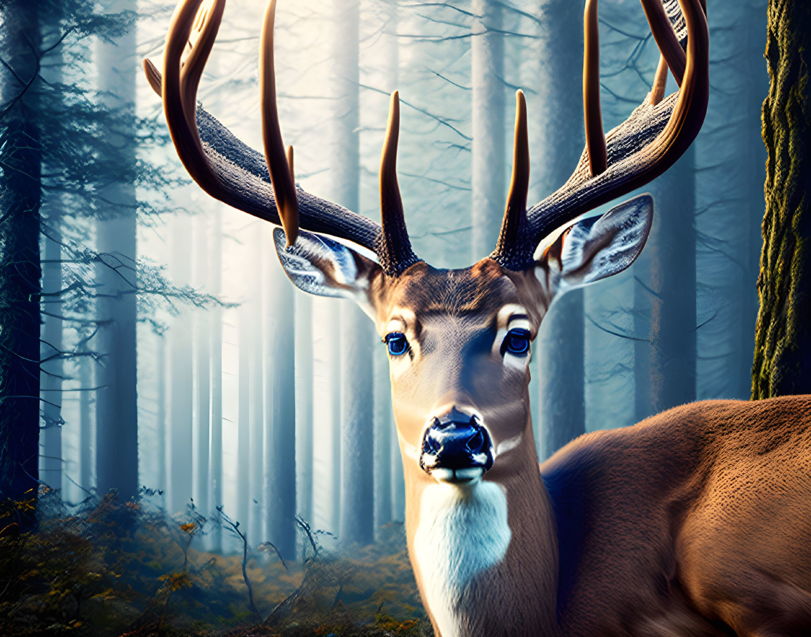 Majestic deer with impressive antlers in misty forest