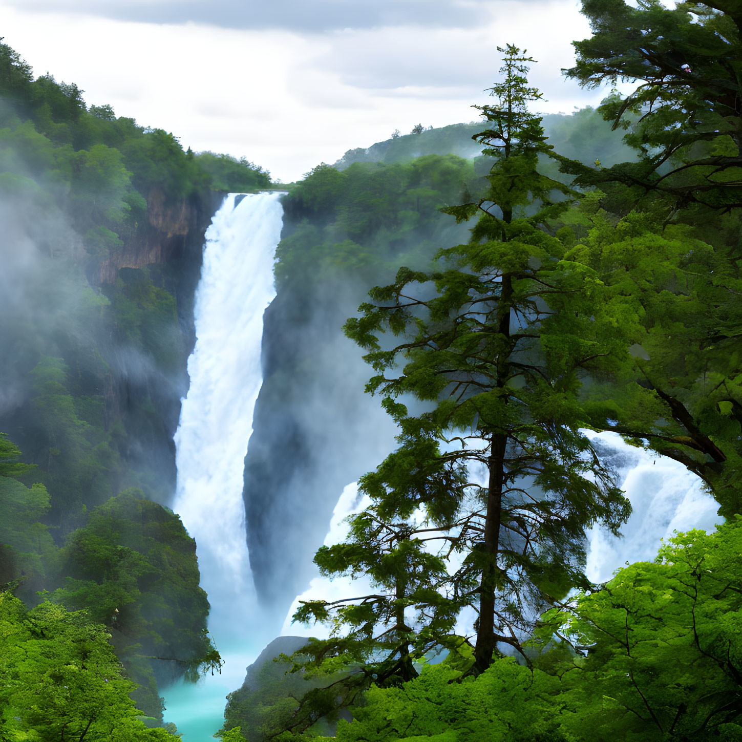 Majestic waterfall in lush forest with tall pine tree