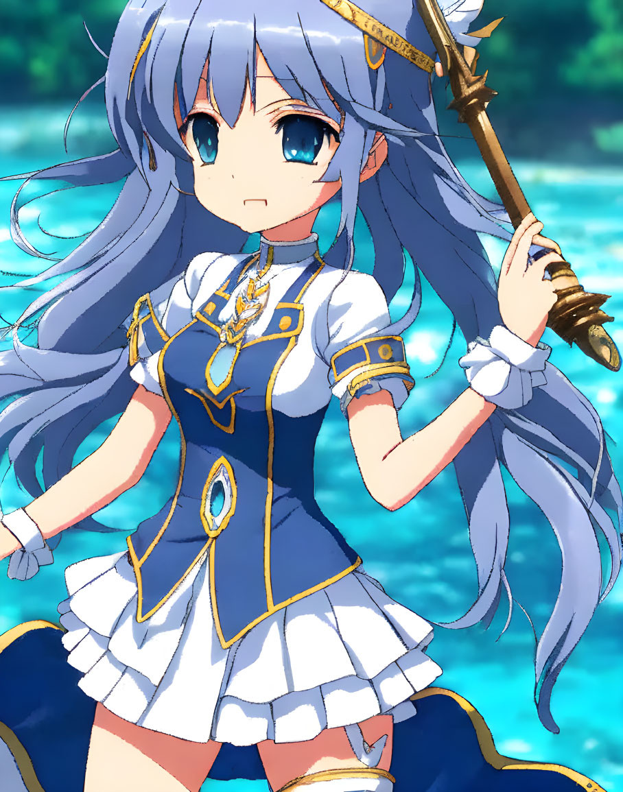 Blue-haired character in blue and gold outfit with staff against water backdrop