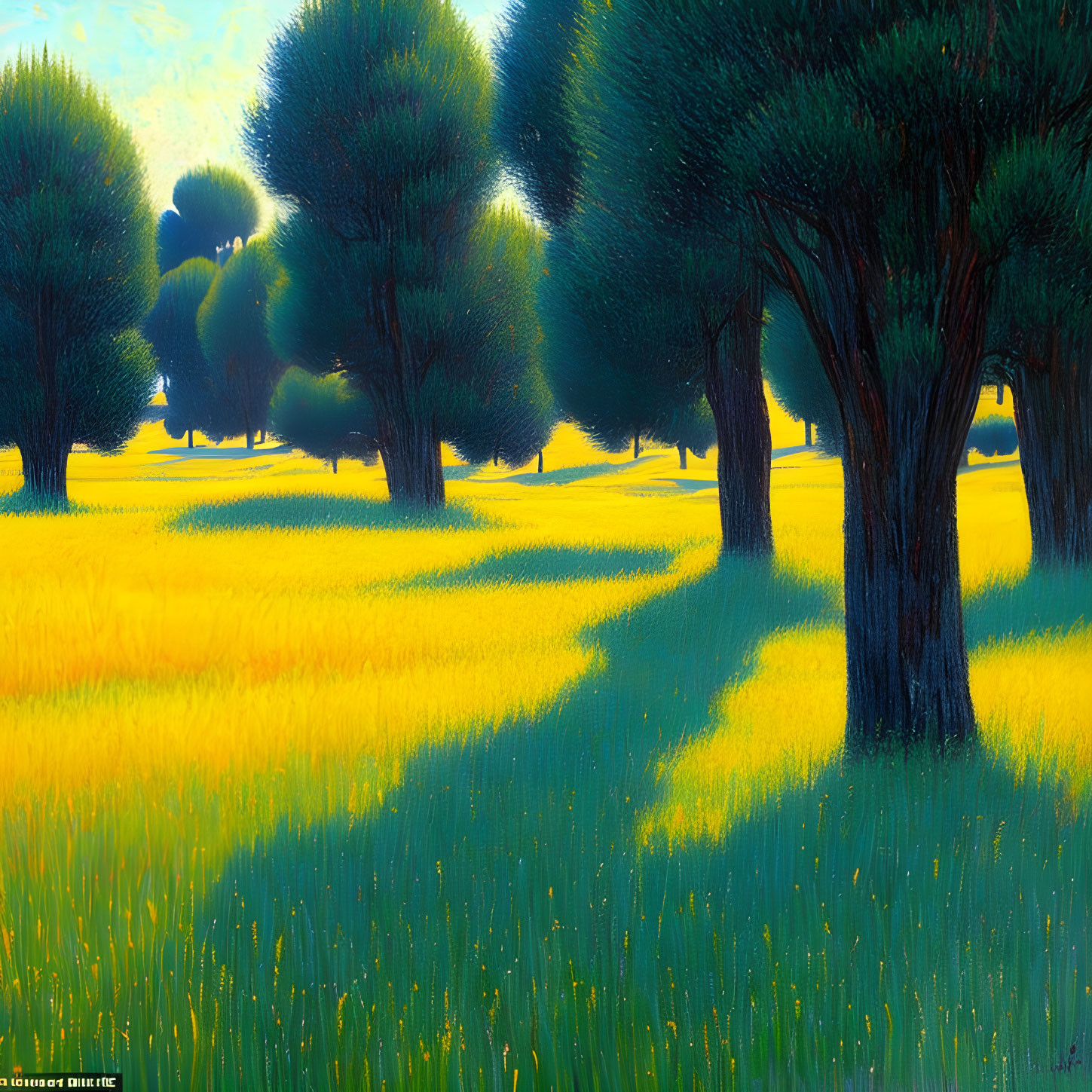 Scenic landscape: green trees in golden field under clear blue sky