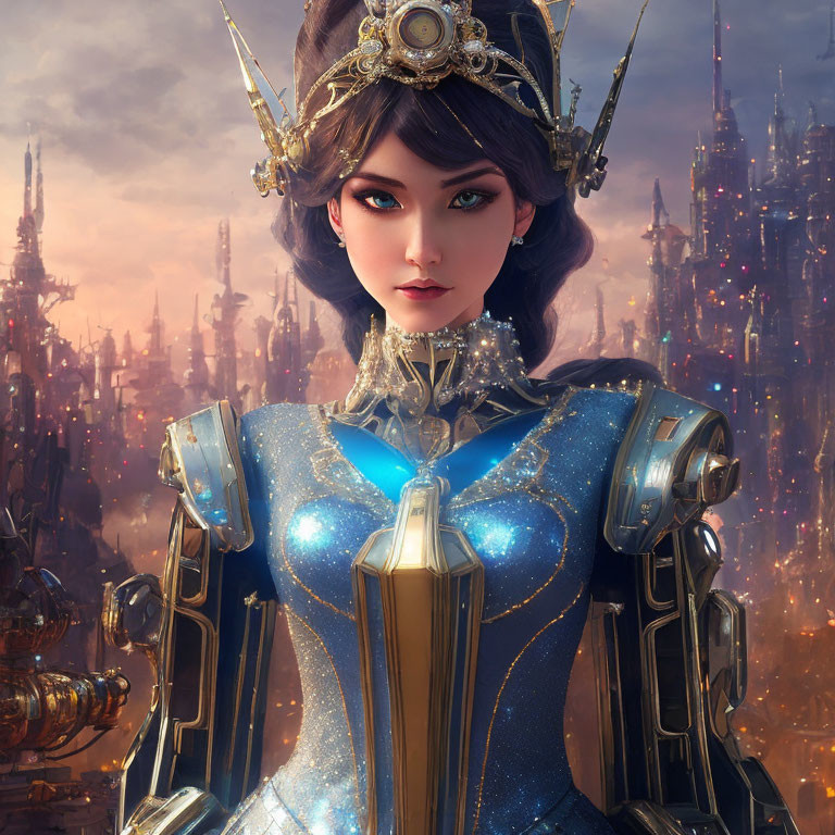 Futuristic female character in blue armor with crown and necklace amid sci-fi backdrop