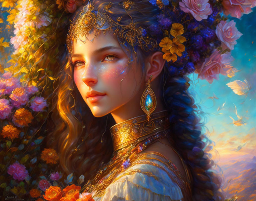 Young woman adorned with ornate jewelry in lush floral setting.