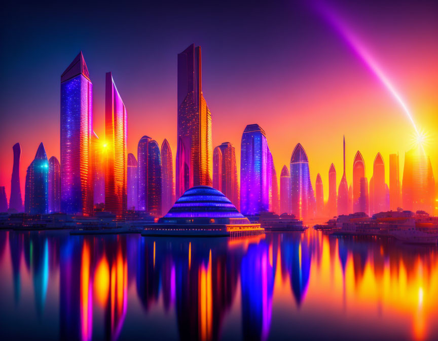 Colorful sunset cityscape with futuristic skyscrapers and sunbeam reflections.