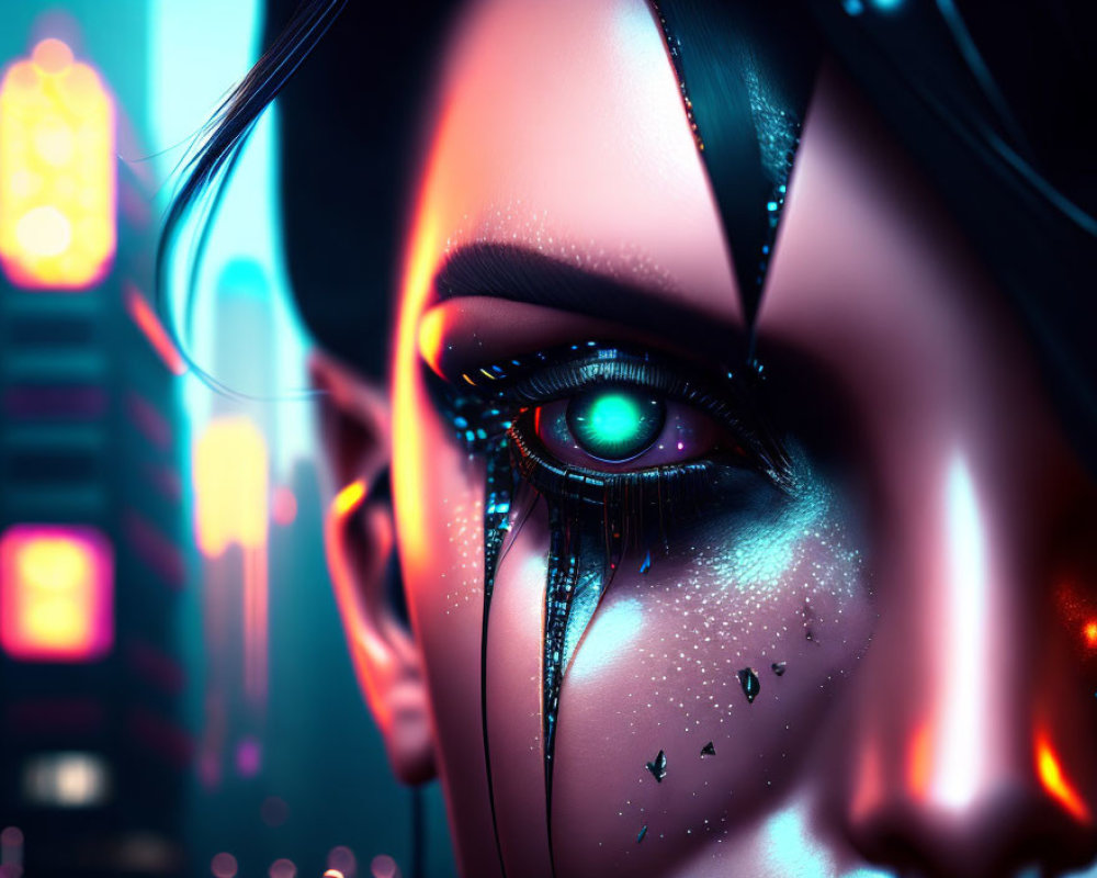 Stylized female character with futuristic makeup under neon lights