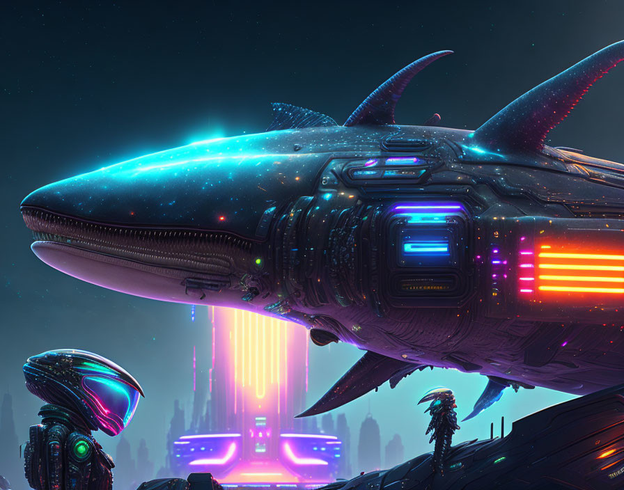 Futuristic whale-shaped spaceship over neon-lit sci-fi cityscape