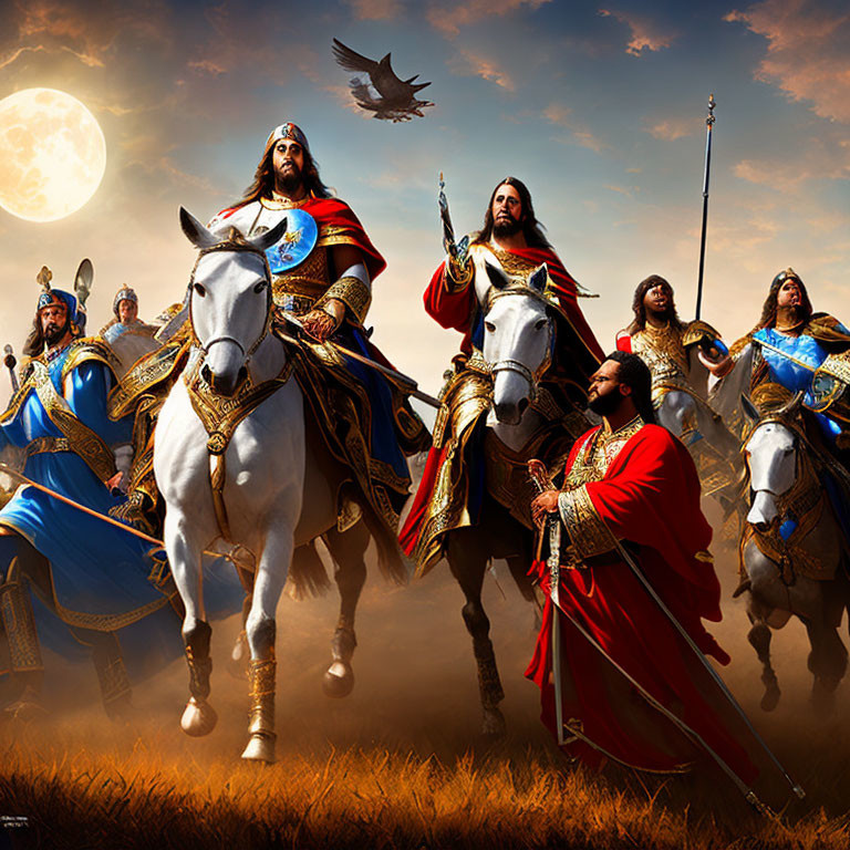 Majestic knights on horseback under dramatic sky with moon and eagle