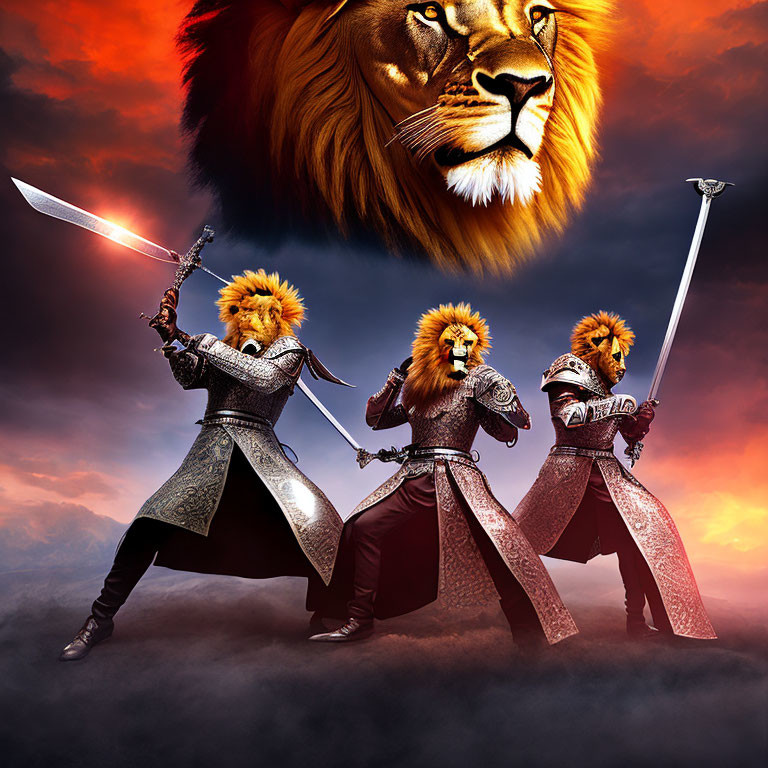 Medieval knights with lion heads and weapons under dramatic lion sky