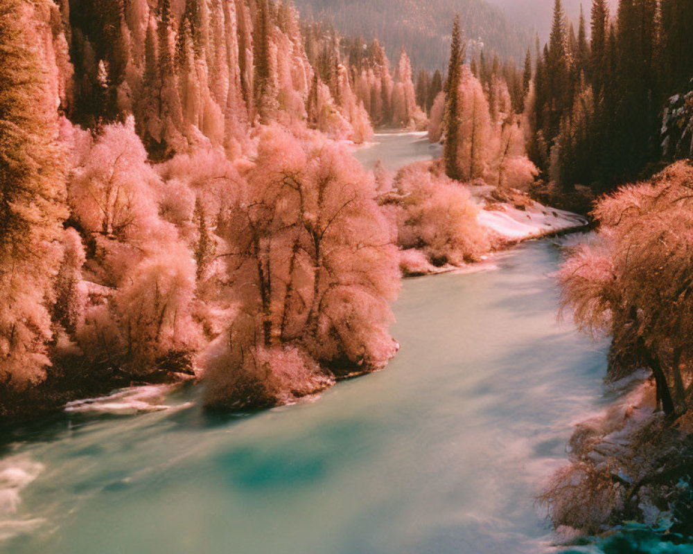 Tranquil river in forest with pink foliage under warm glow