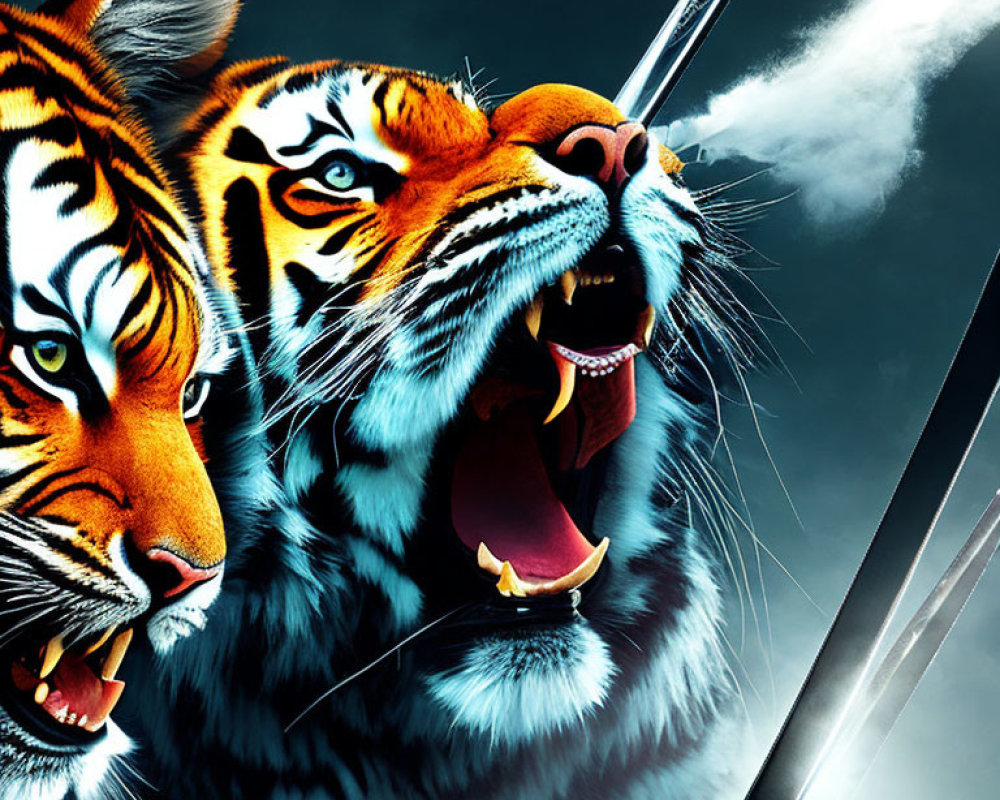 Dual glowing tiger heads on dark background with metallic claws slashing.