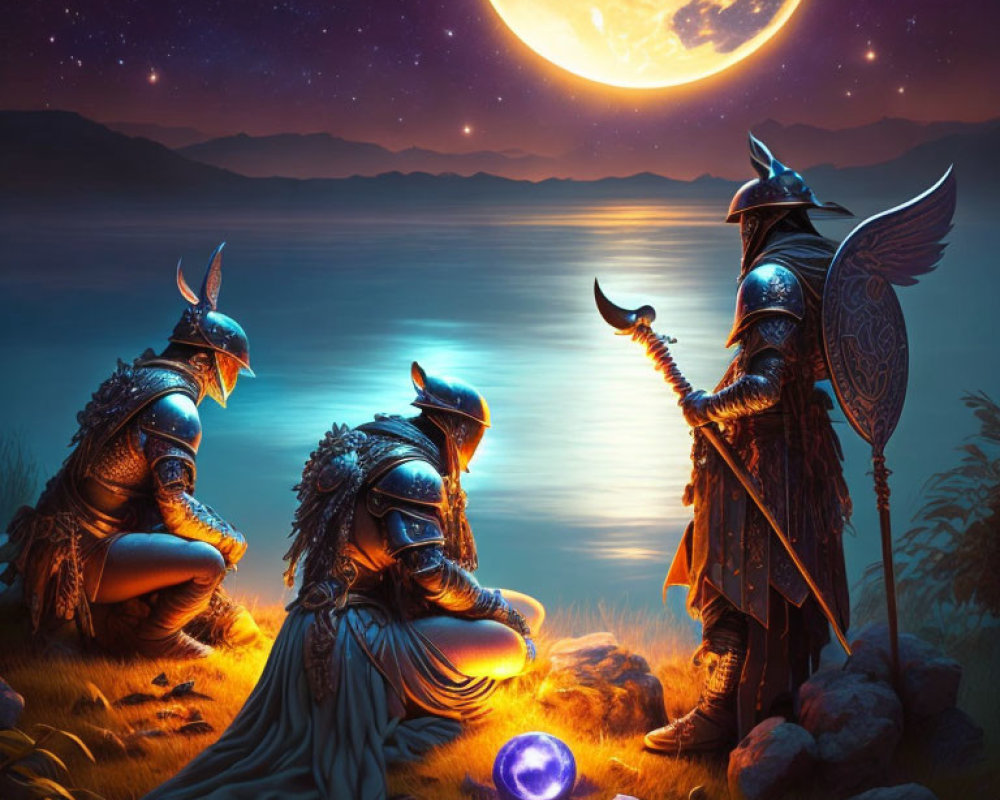 Three armored warriors by glowing orb under full moon at serene lake