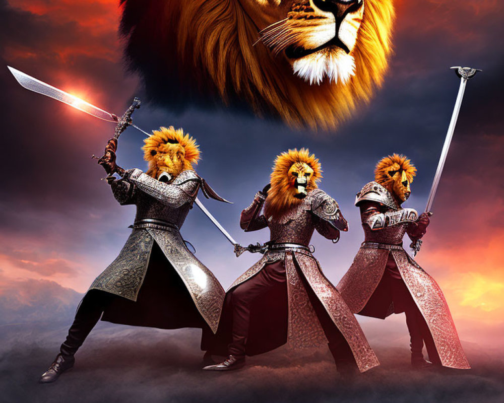 Medieval knights with lion heads and weapons under dramatic lion sky