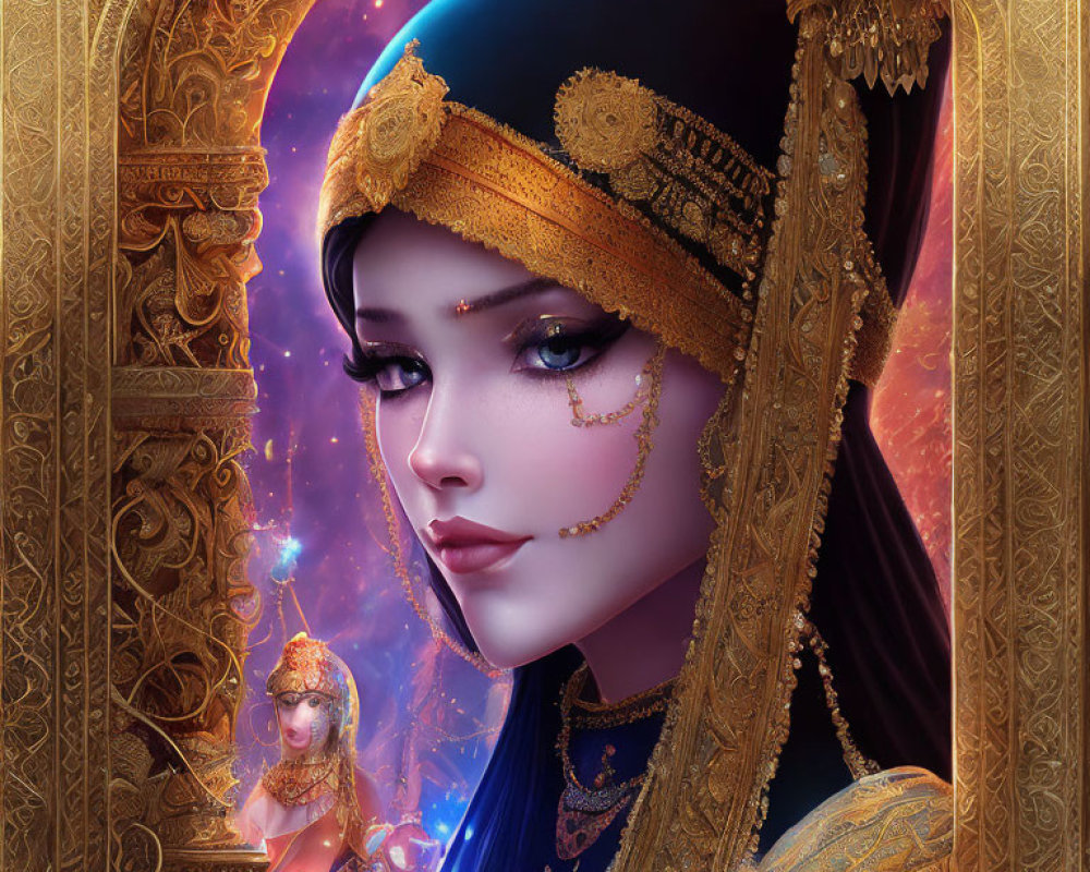 Detailed illustration of woman with golden headdress under cosmic arch